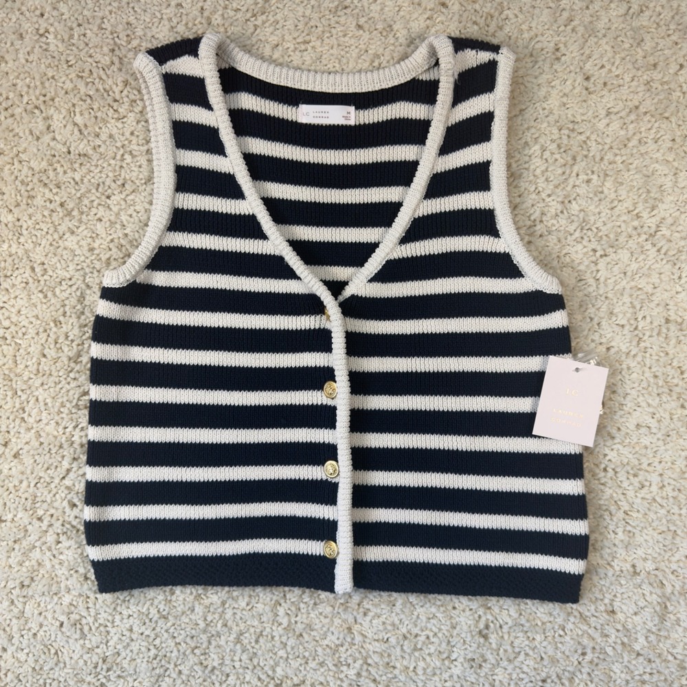 LC Lauren Conrad Sweater Vest Women Medium Navy White Striped Gold Button Preppy